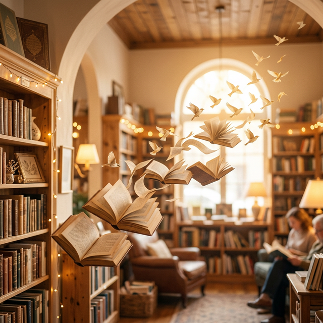 溫馨的圖書館與飛舞的書本